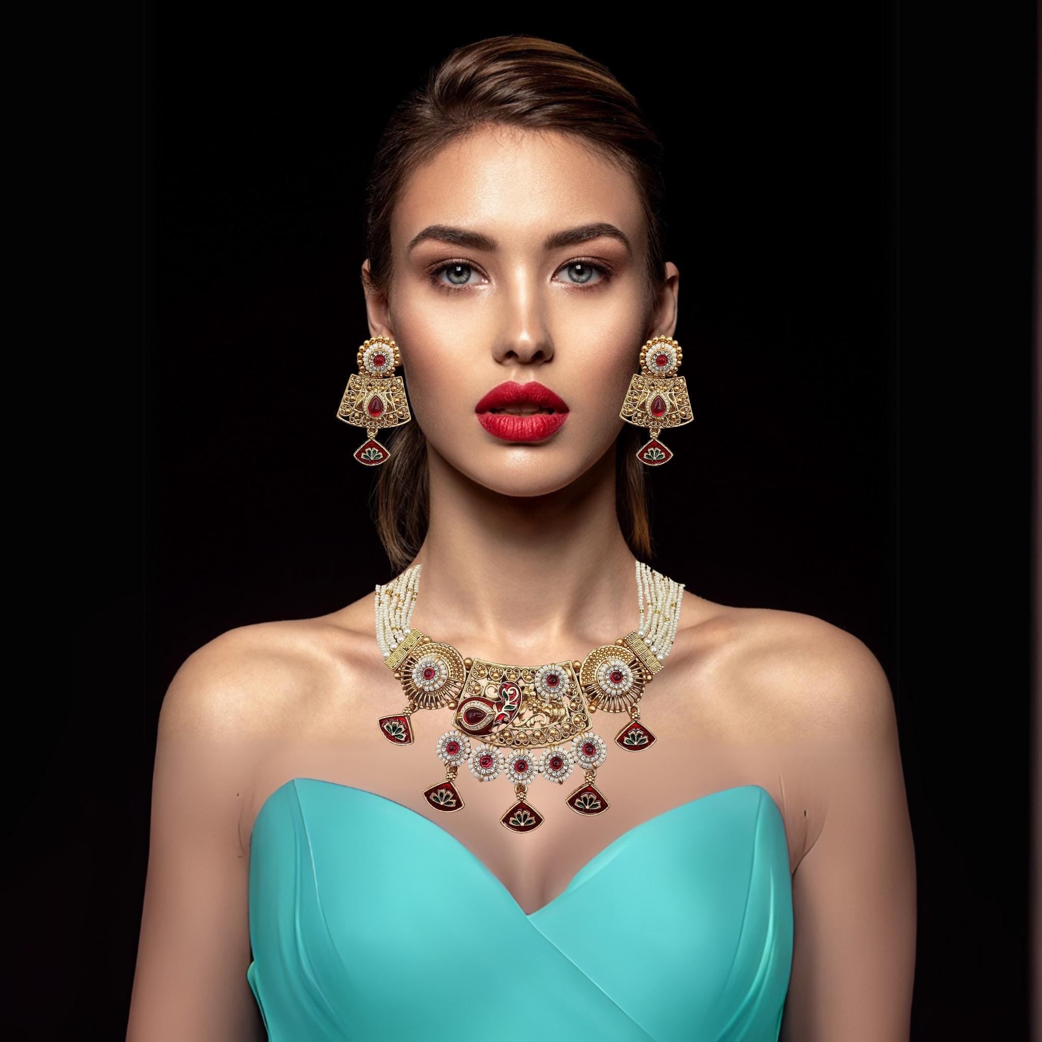 Meenakari Rajwadi Necklace Set: Agni Red Rajputi Jewelry