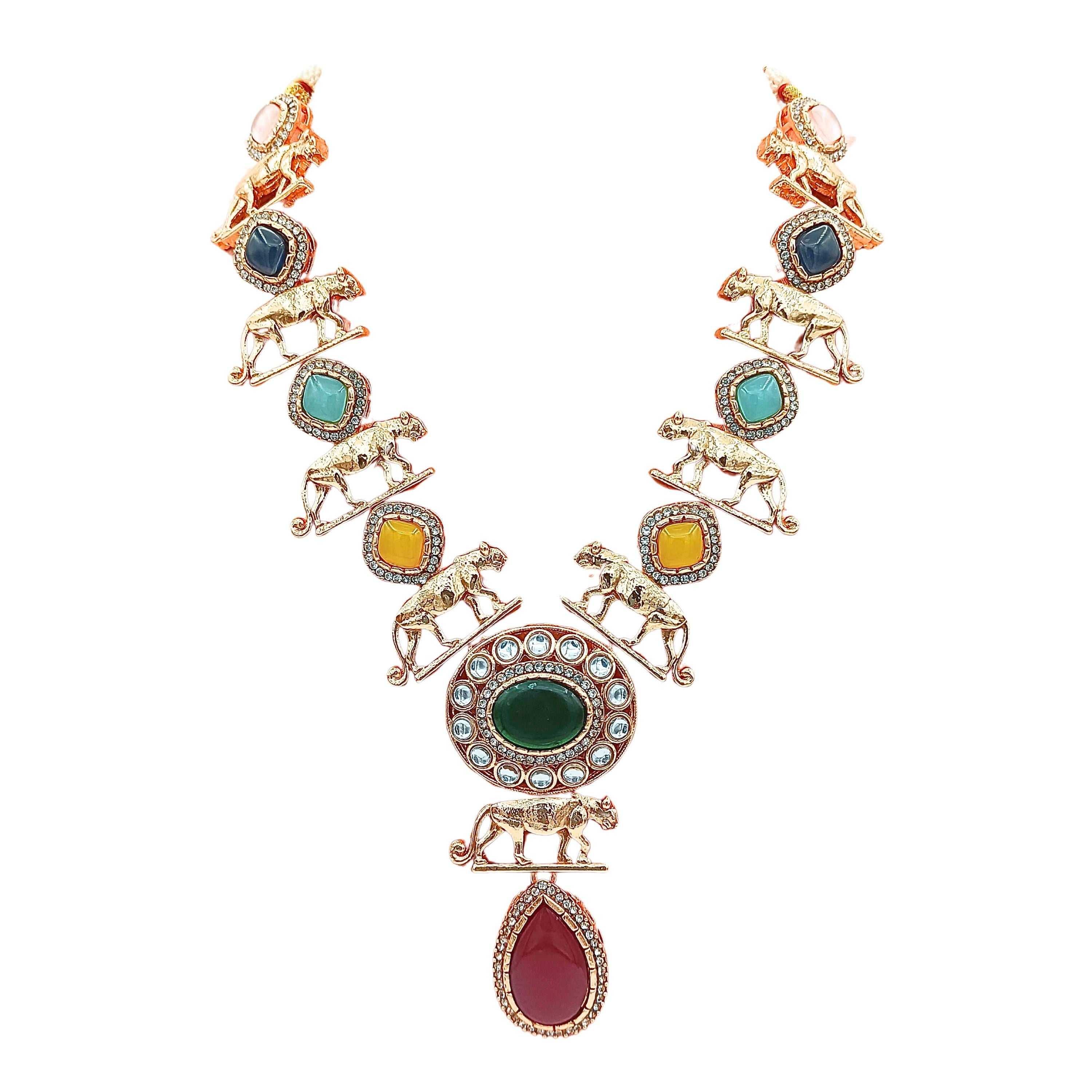 Jaguar Necklace Set: Indo Western Jewelry, Multi-Color Stones
