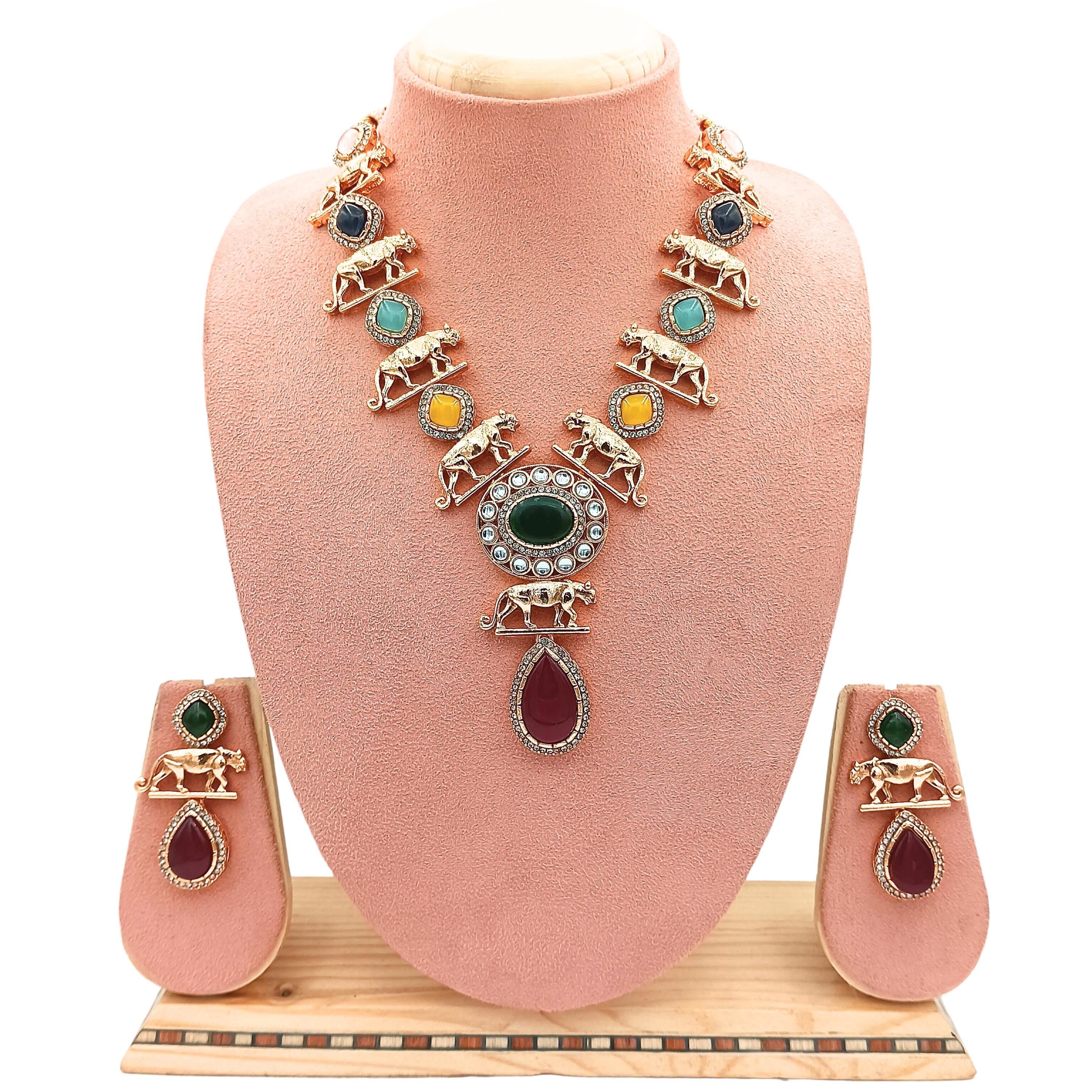 Jaguar Necklace Set: Indo Western Jewelry, Multi-Color Stones