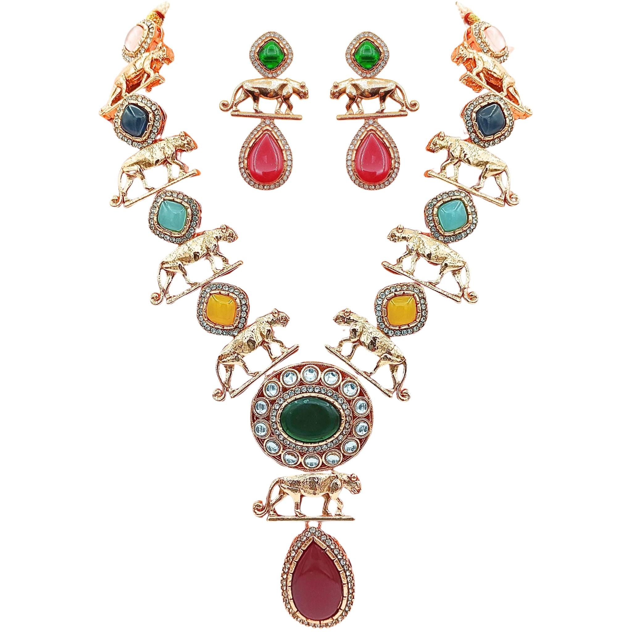 Jaguar Necklace Set: Indo Western Jewelry, Multi-Color Stones