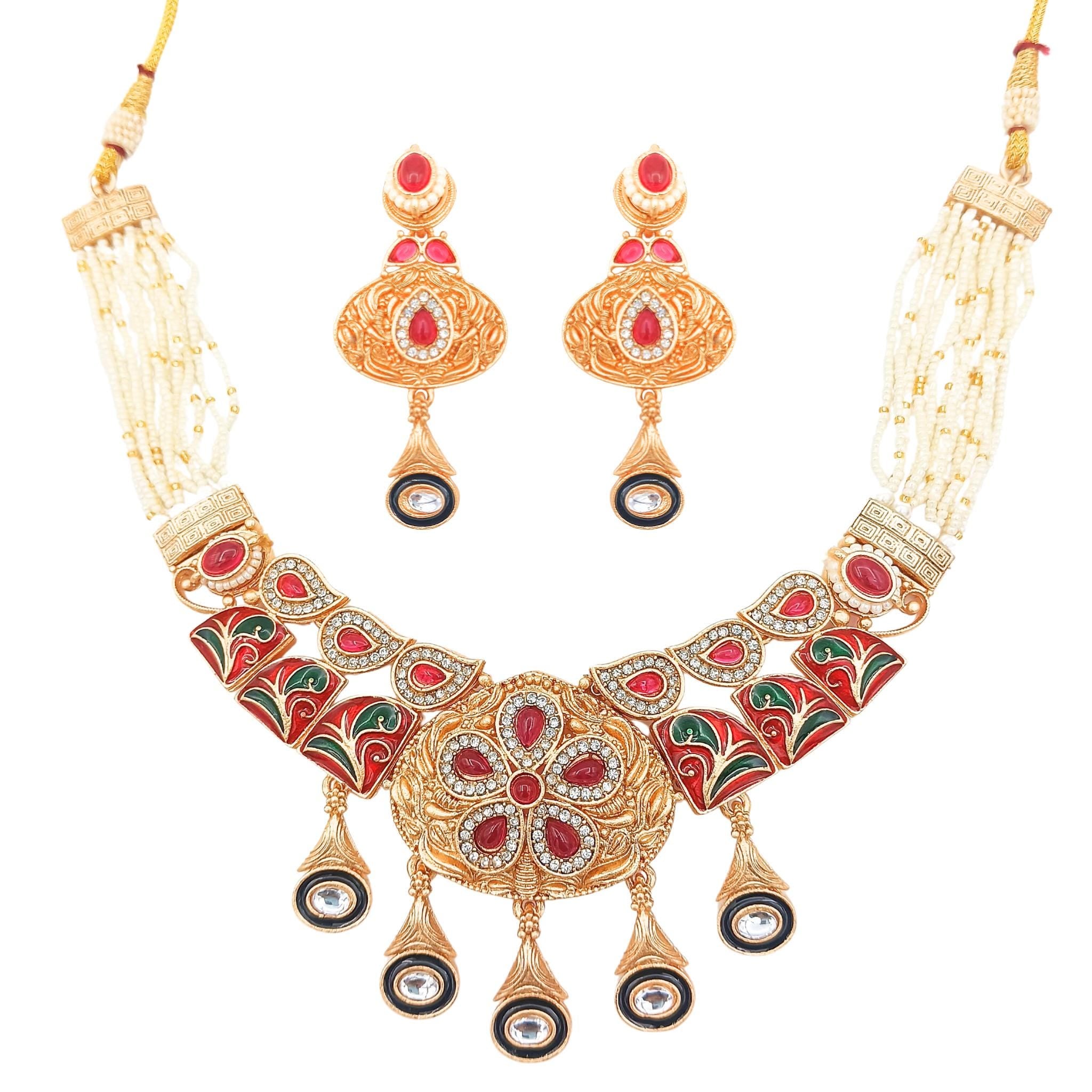 Kundan & Pearl Rajwadi Necklace | Rajputi Earrings Jewelry Set