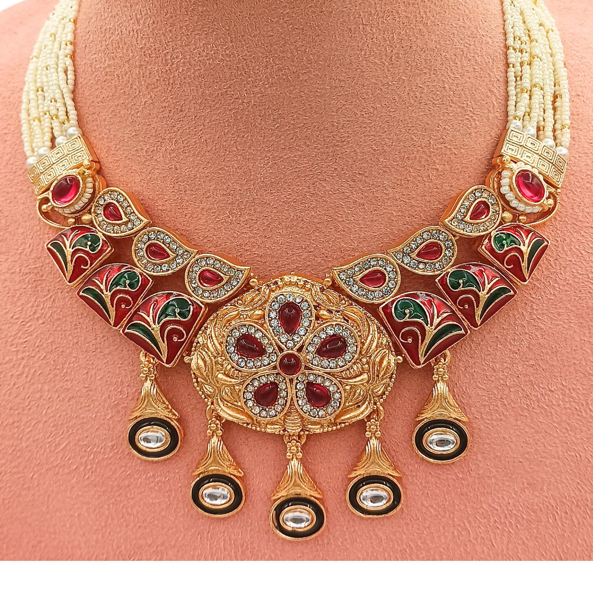 Kundan & Pearl Rajwadi Necklace | Rajputi Earrings Jewelry Set