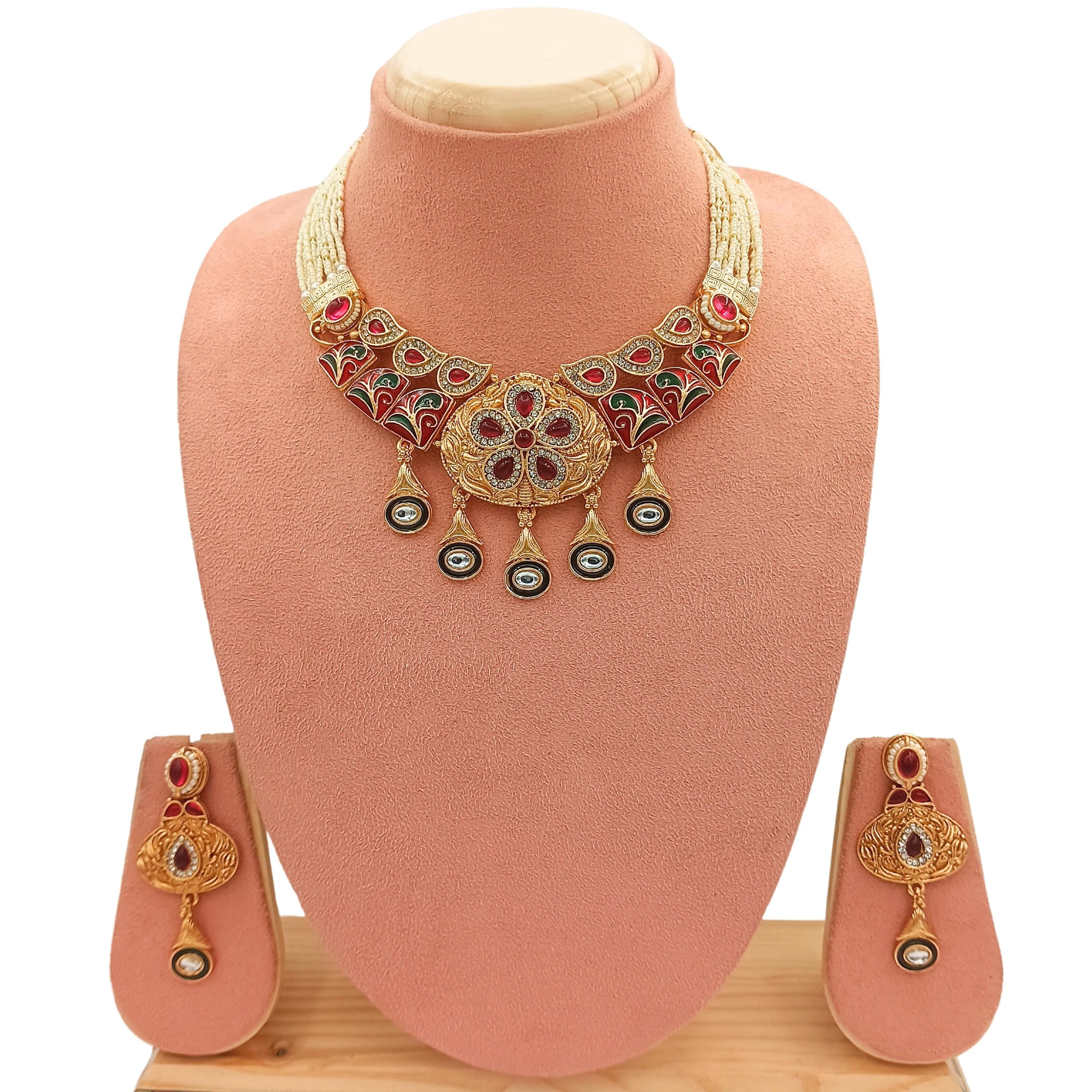 Kundan & Pearl Rajwadi Necklace | Rajputi Earrings Jewelry Set