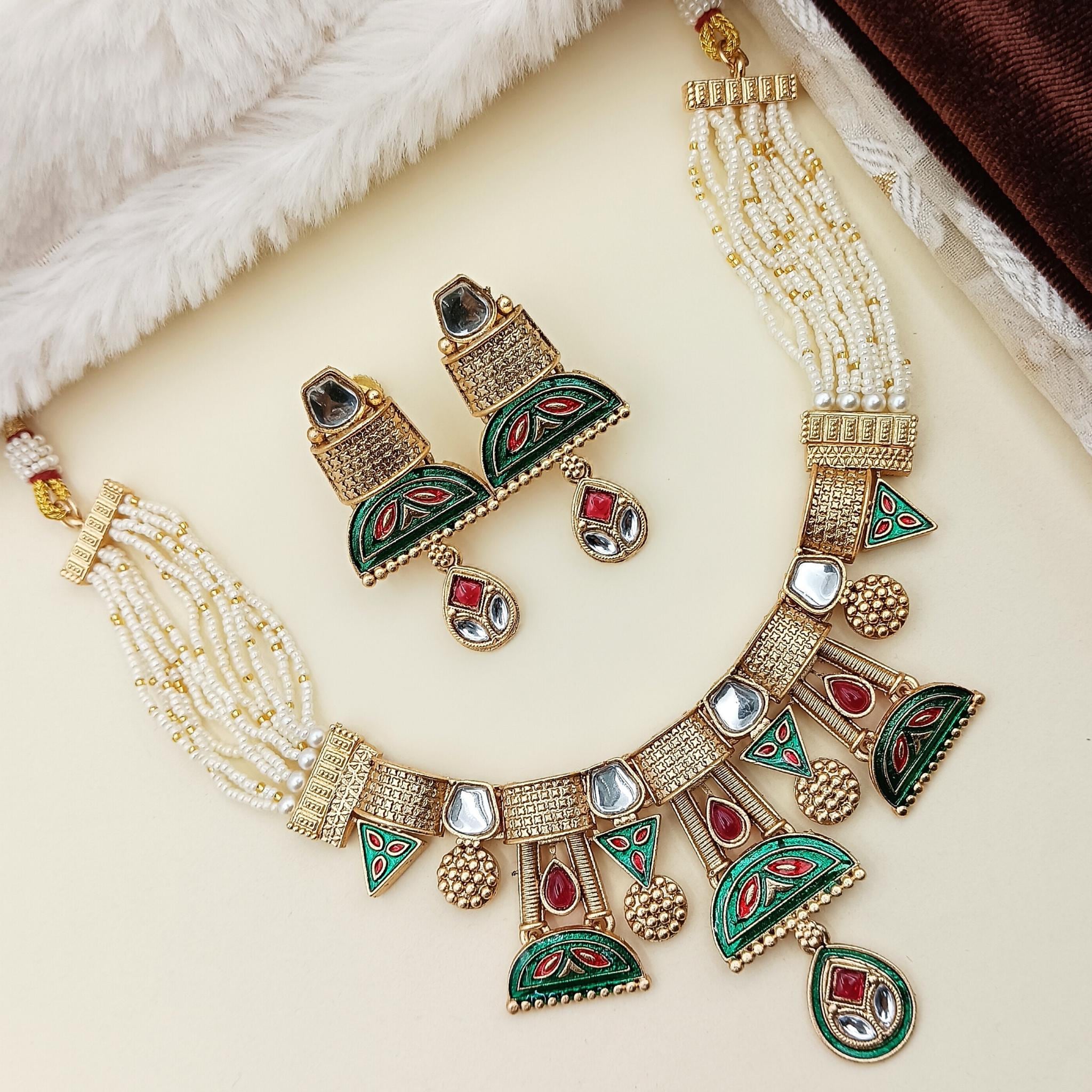 Ananya Rajwadi Kundan Set  Mughal Inspired  Meenakari Choker & Earrings for Weddings and Fusion Wear
