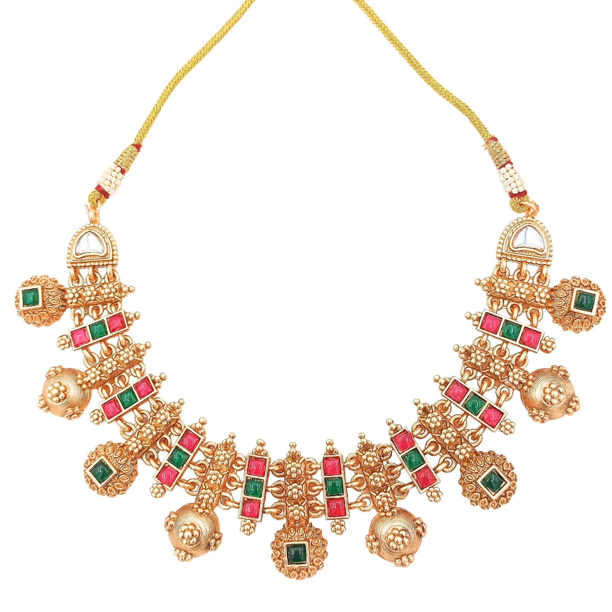 Rajwadi Meenakari Necklace Set: Antique Gold Indian Bridal Jewelry