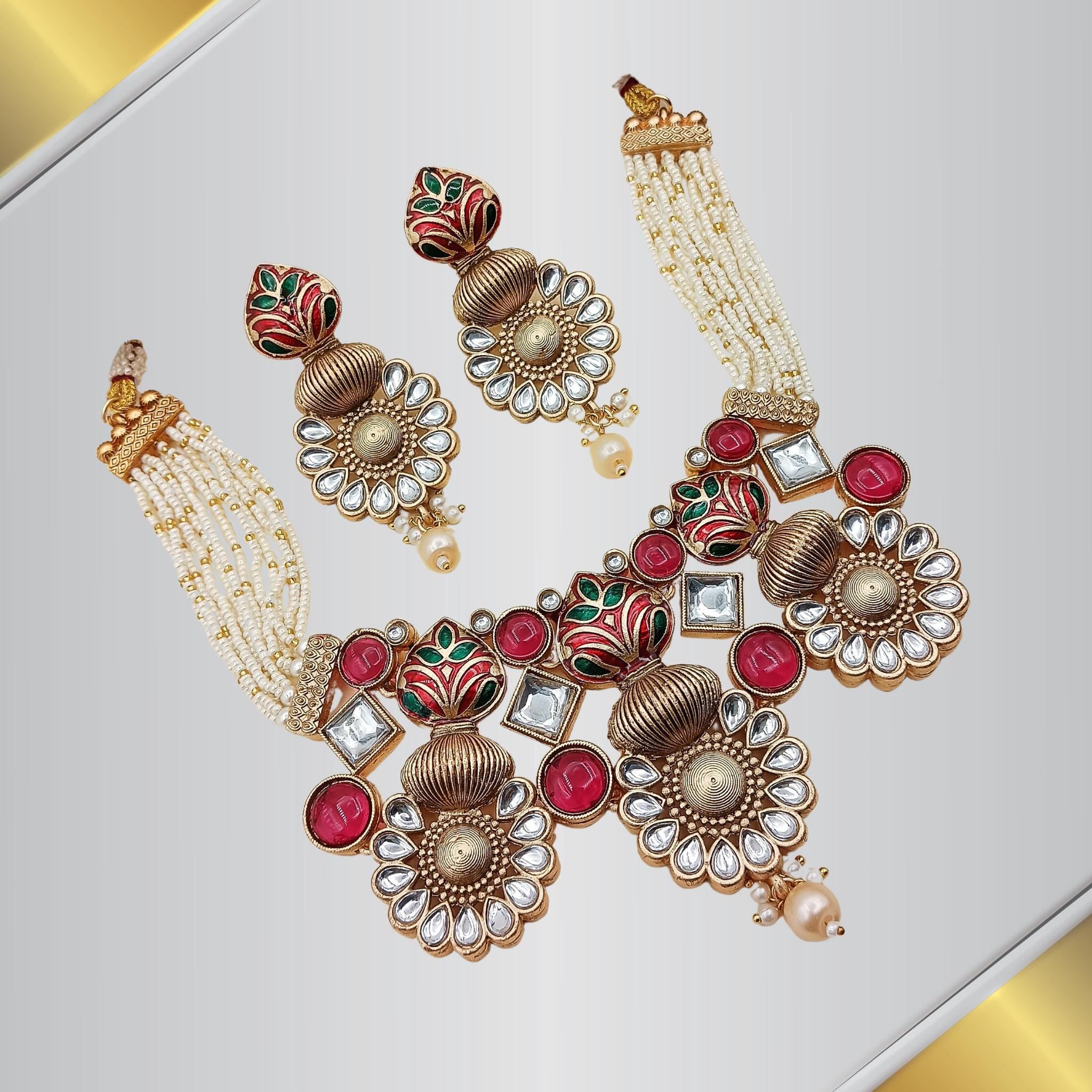 Red Meenakari Choker Set: Rajputi Gold-Plated Hasadi Necklace