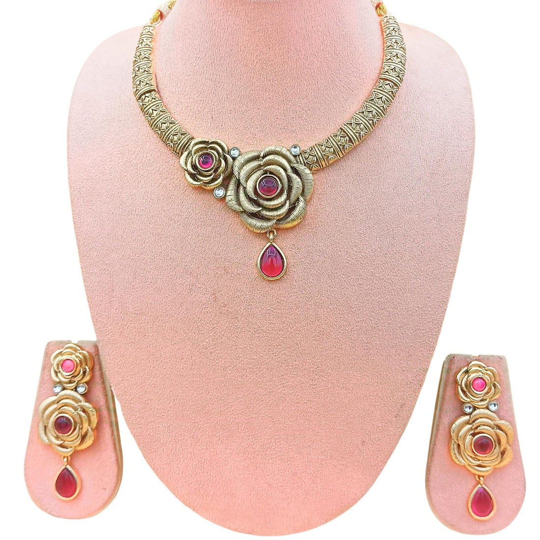Sindoor Red Floral Hasadi Necklace Set: Indian Bridal Jewelry