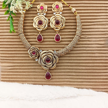 Sindoor Red Floral Hasadi Necklace Set: Indian Bridal Jewelry
