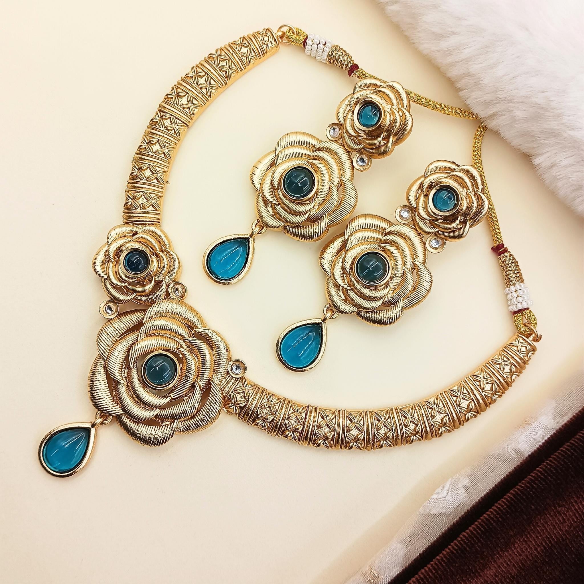 Montana Blue Hasadi Necklace Set: Rose Design Indian Bridal Jewelry