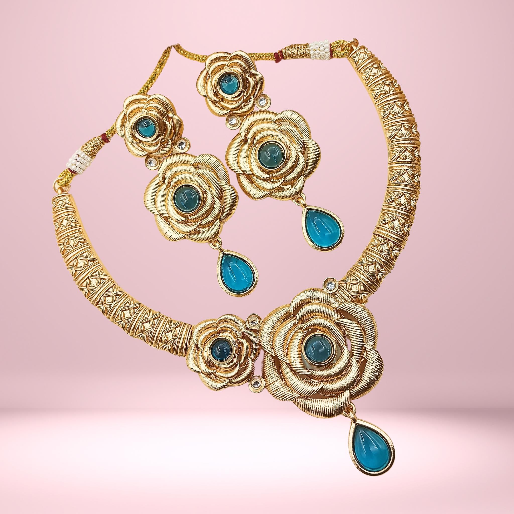 Montana Blue Hasadi Necklace Set: Rose Design Indian Bridal Jewelry