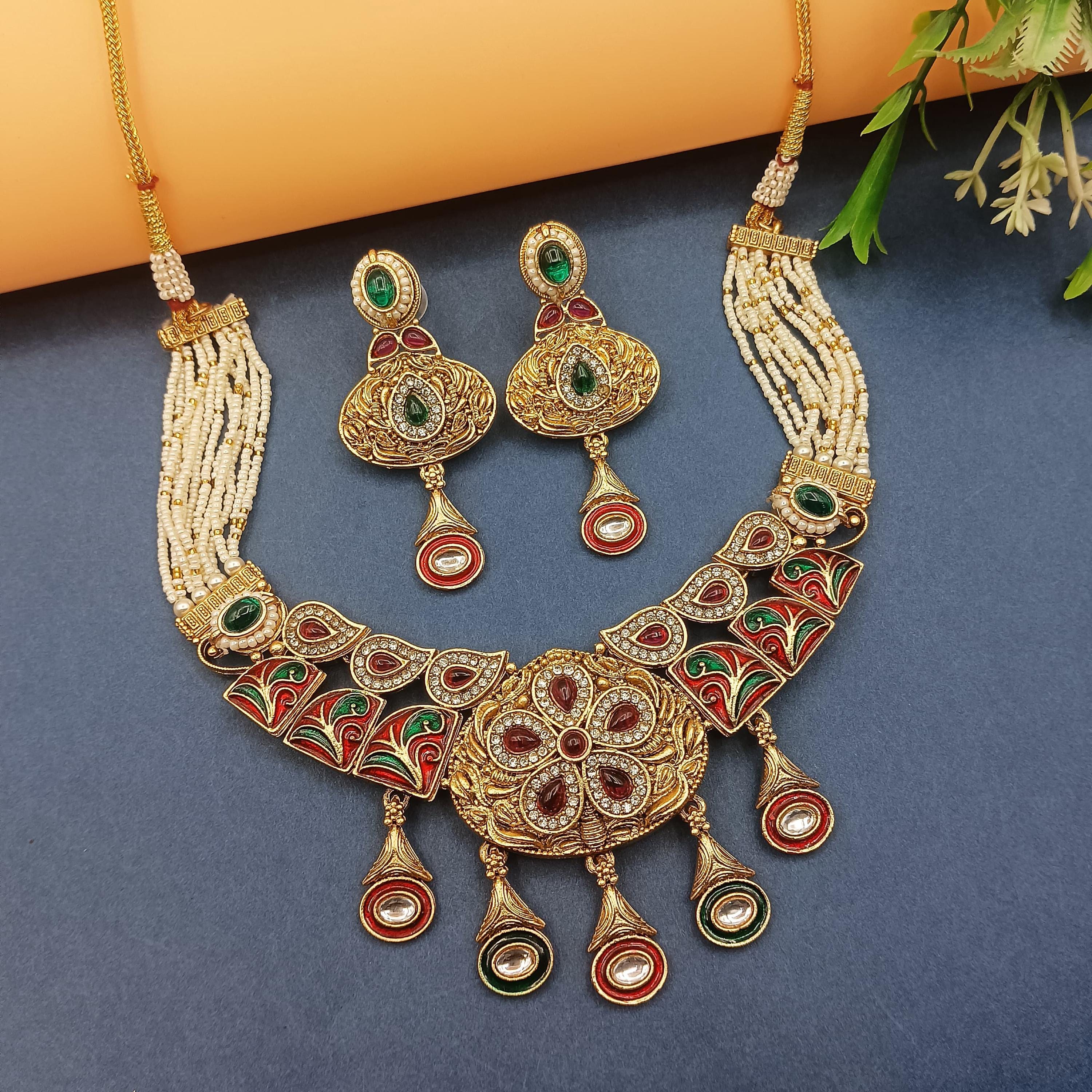 Kundan & Pearl Rajwadi Necklace | Rajputi Earrings Jewelry Set