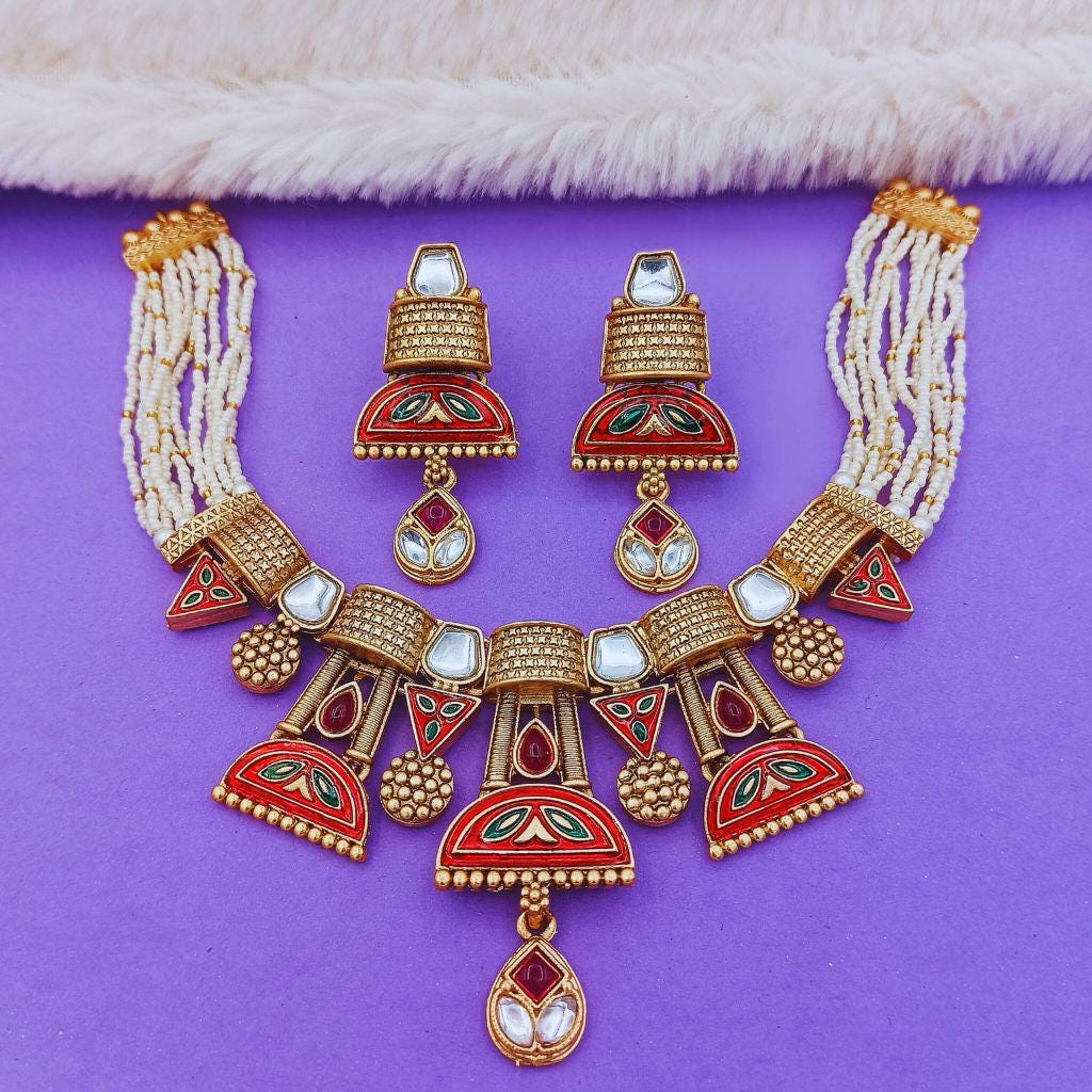Ananya Rajwadi Kundan Set  Mughal Inspired  Meenakari Choker & Earrings for Weddings and Fusion Wear
