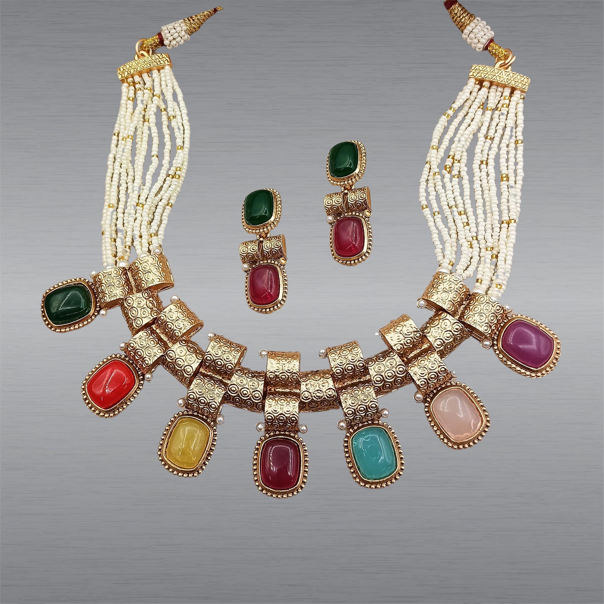 Rajwadi Choker Necklace Set: Gold-Tone, Multicolor Stones & Pearl Accents