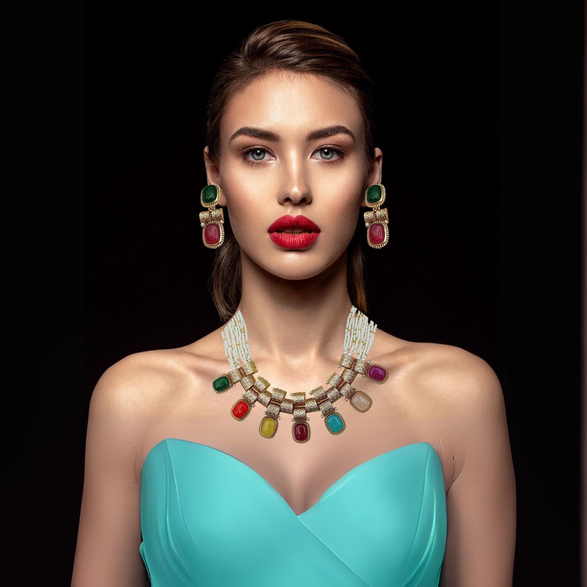 Rajwadi Choker Necklace Set: Gold-Tone, Multicolor Stones & Pearl Accents