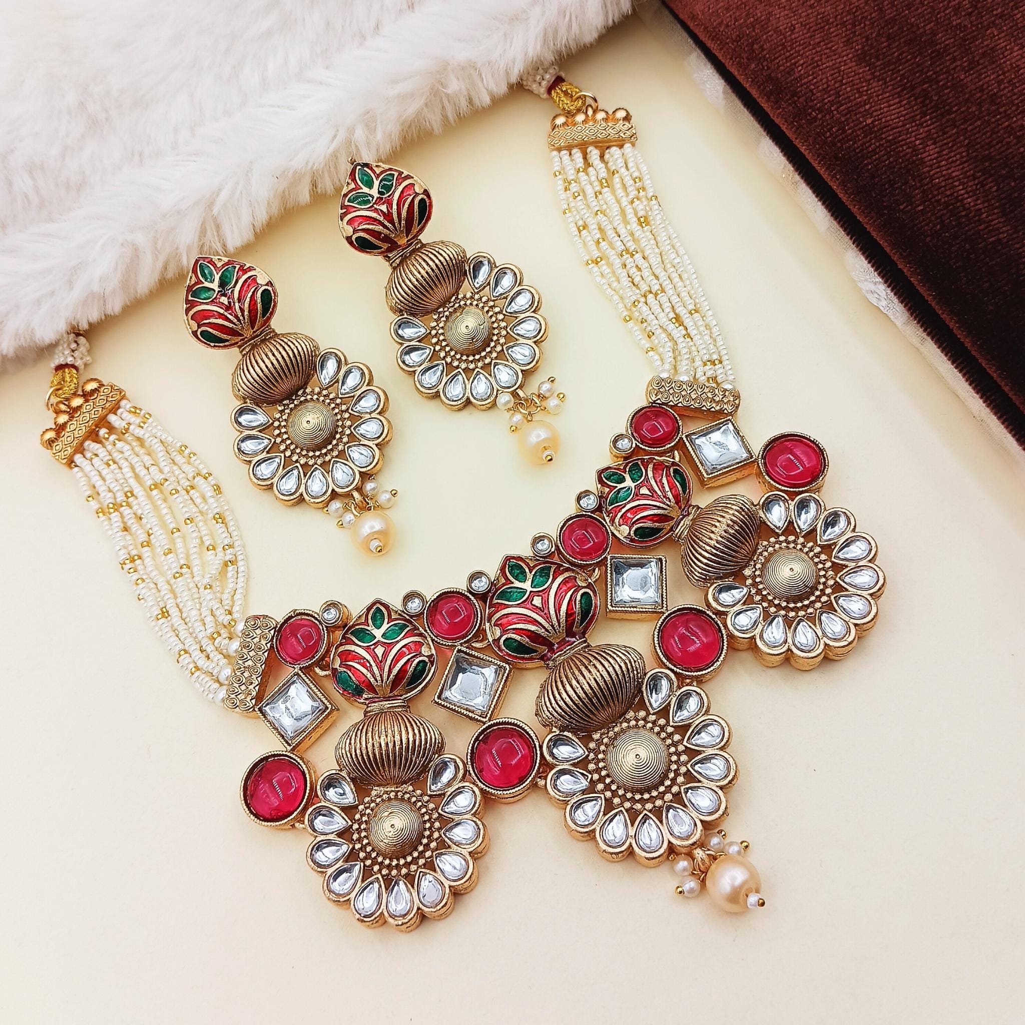 Red Meenakari Choker Set: Rajputi Gold-Plated Hasadi Necklace