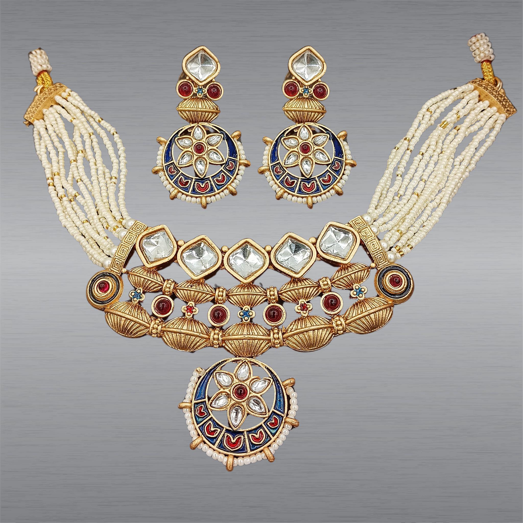 Rajwadi Meena Jewelry Set: Shahi Blue Rajputi Necklace Earrings