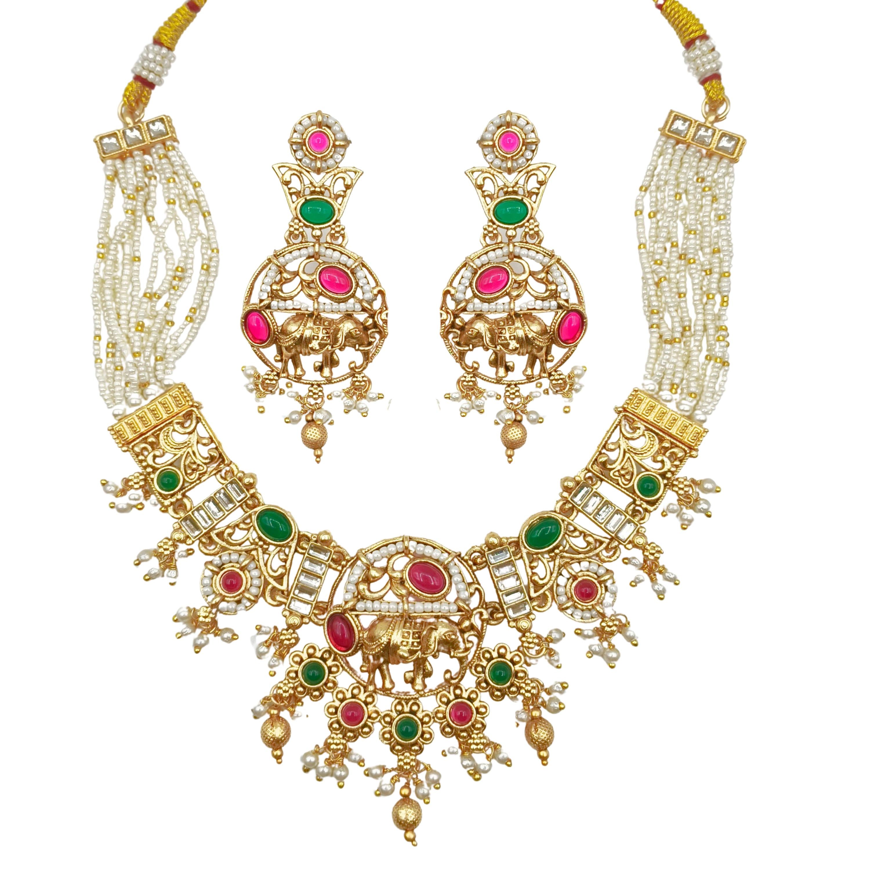 Rajputi Elephant Necklace Set: Indian Bridal Jewelry with Earrings