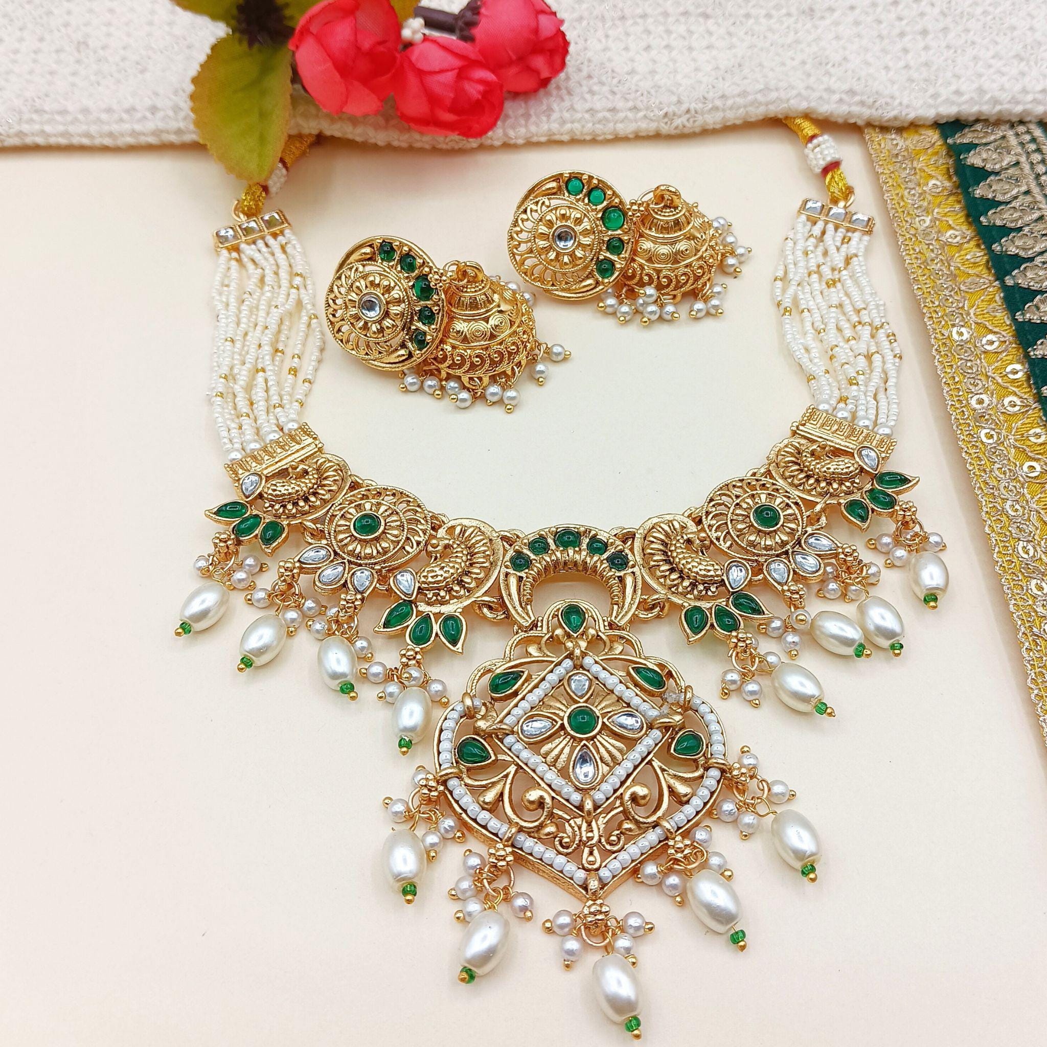 Rajputi Pearl Choker Necklace Set: Indian Bridal Jewelry