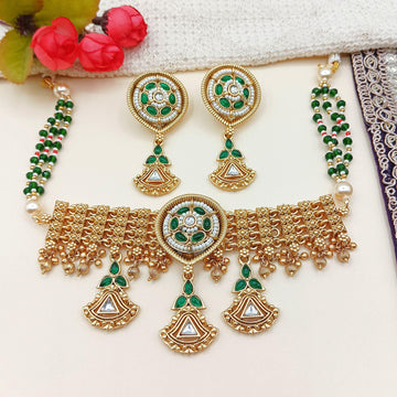 Kundan Meenakari Choker Set: Rajputi Indian Jewelry in Saag Green