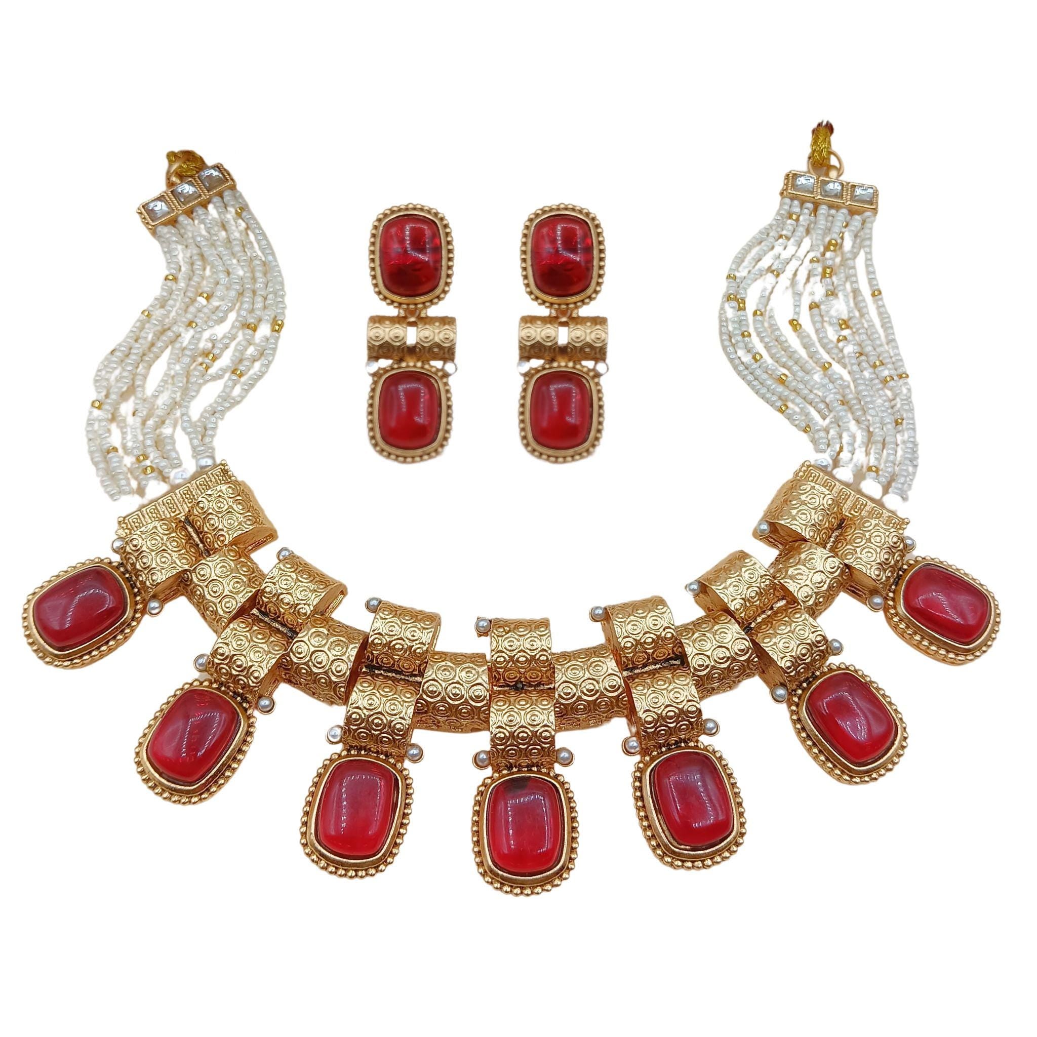 Rajwadi Necklace Set: Gold-Tone Red Stone Choker with Pearl Accents