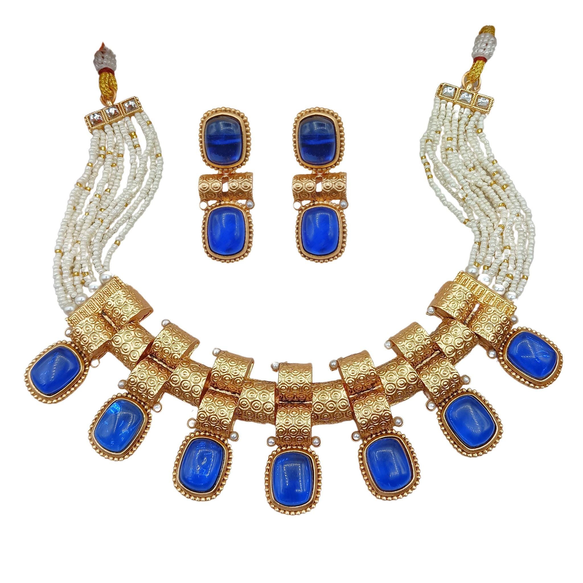 Rajwadi Necklace Set: Gold-Tone Choker with Multicolor Stones & Pearl Accents