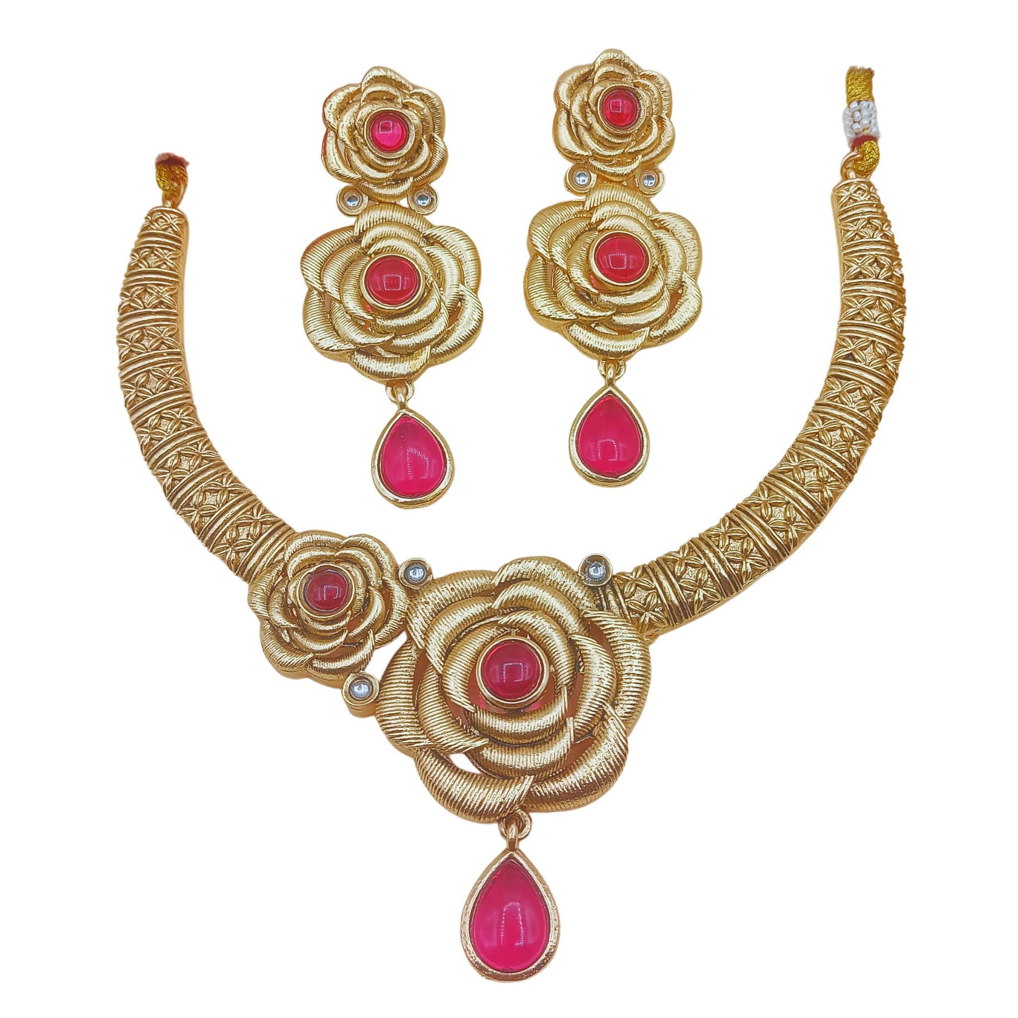 Rani Pink Hasadi Necklace Set: Indian Bridal Jewelry with Rose Design