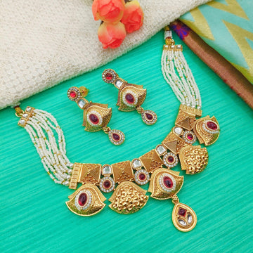 Nawabi Red Meenakari Necklace Set: Rajputi Enamel Choker Earrings