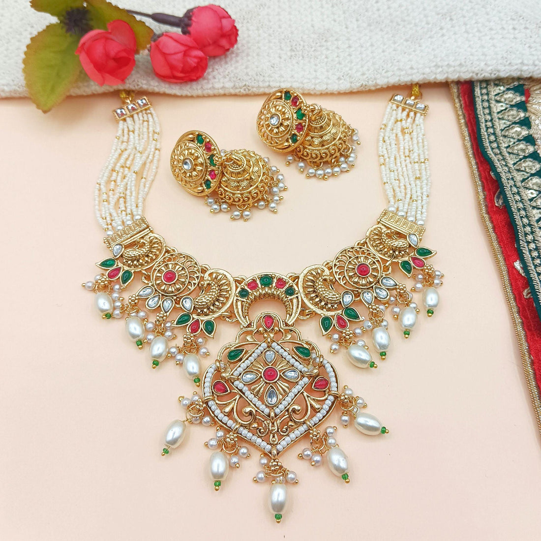 Rajputi Pearl Choker Necklace Set: Indian Bridal Jewelry