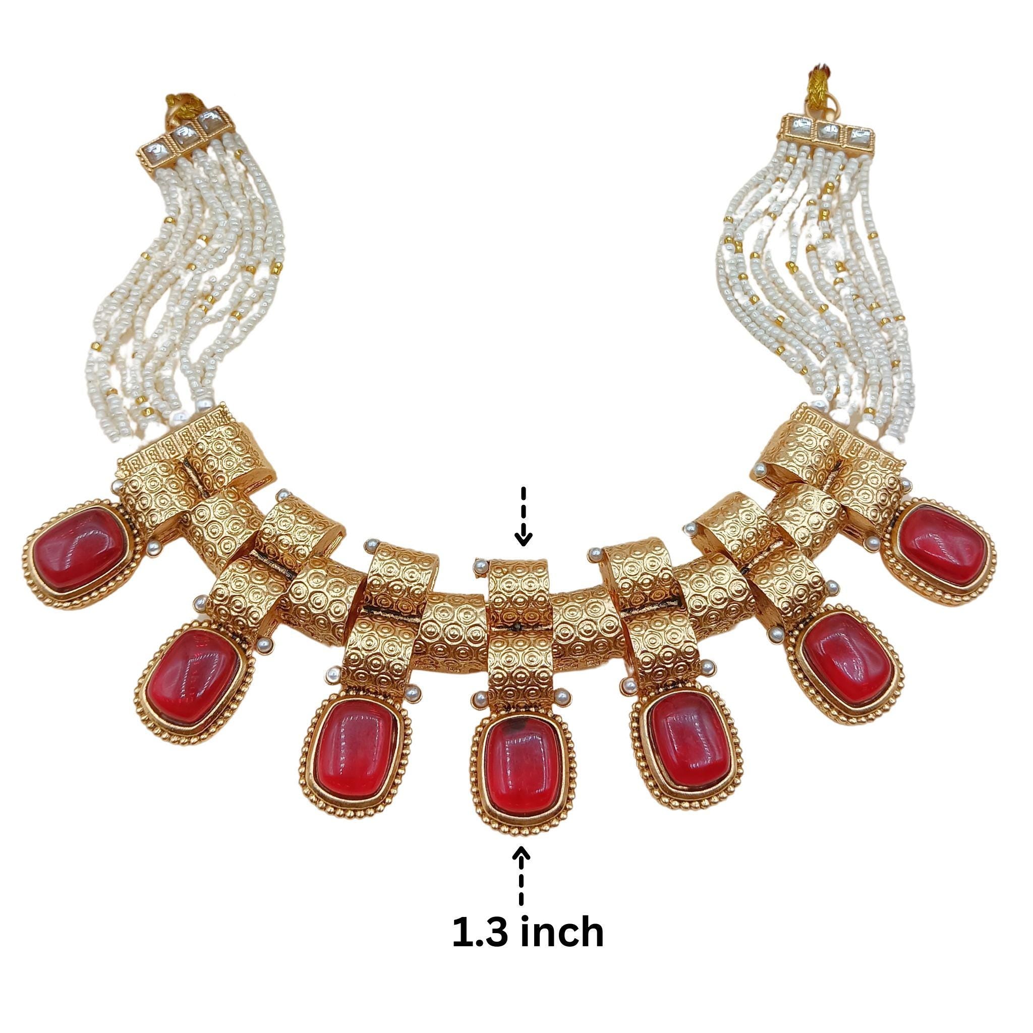 Rajwadi Necklace Set: Gold-Tone Red Stone Choker with Pearl Accents