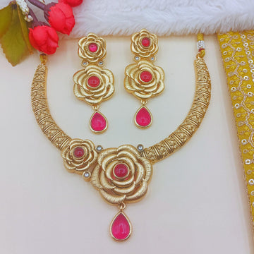 Rani Pink Hasadi Necklace Set: Indian Bridal Jewelry with Rose Design