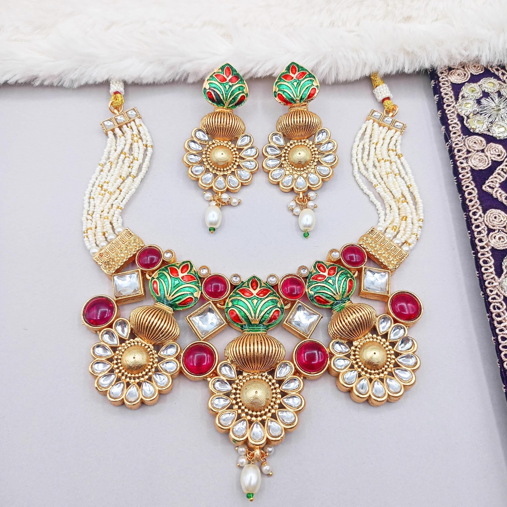 Matte Gold Hasadi Choker Set: Rajputi Meenakari Temple Jewelry