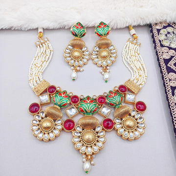 Matte Gold Hasadi Choker Set: Rajputi Meenakari Temple Jewelry