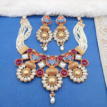 Matte Gold Hasadi Choker Set: Rajputi Meenakari Temple Jewelry