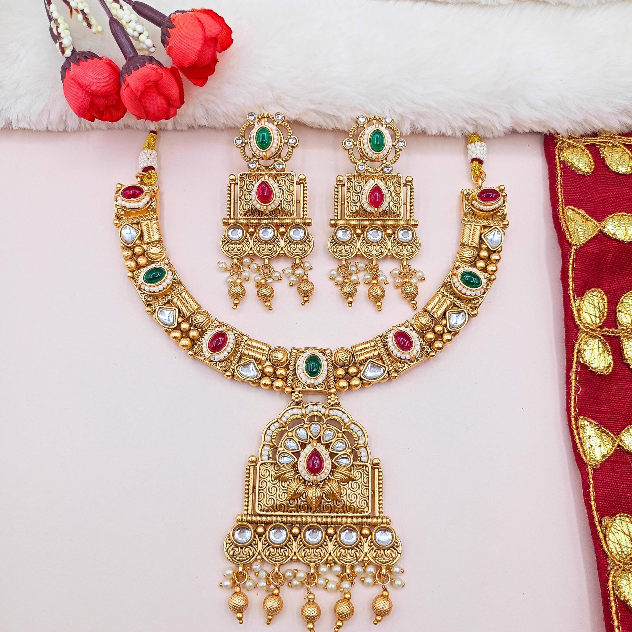 Gold-Plated Temple Necklace | Pista & Gulabi Polki Design
