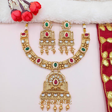 Gold-Plated Temple Necklace | Pista & Gulabi Polki Design