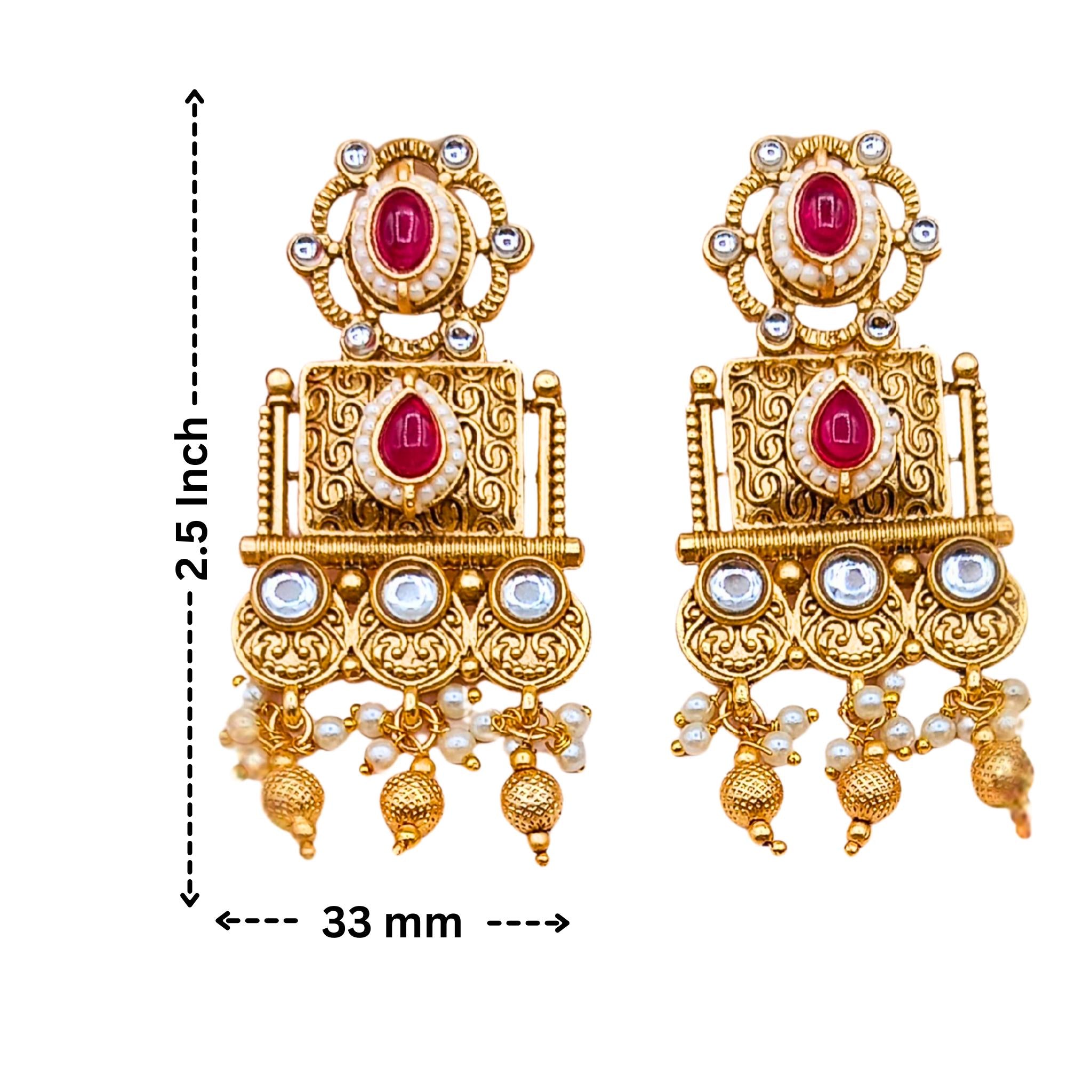 Gold Plated Temple Jewelry Necklace Set: Agni Red, Polki Stones