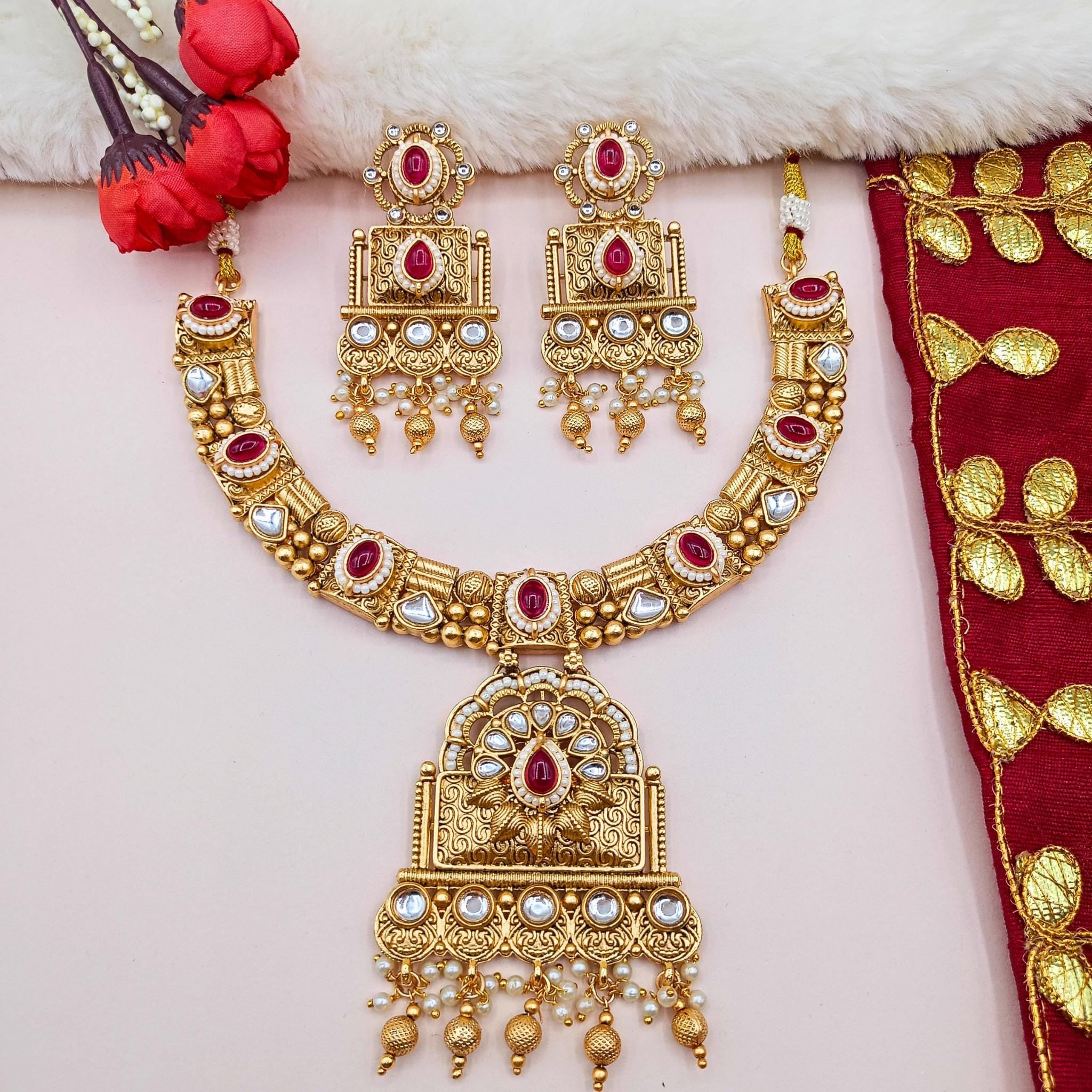 Gold Plated Temple Jewelry Necklace Set: Agni Red, Polki Stones
