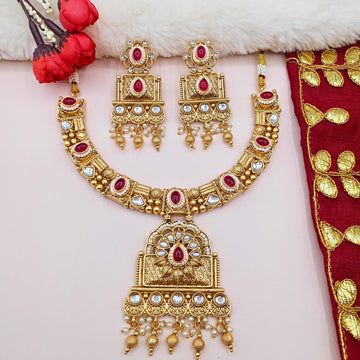 Gold Plated Temple Jewelry Necklace Set: Agni Red, Polki Stones