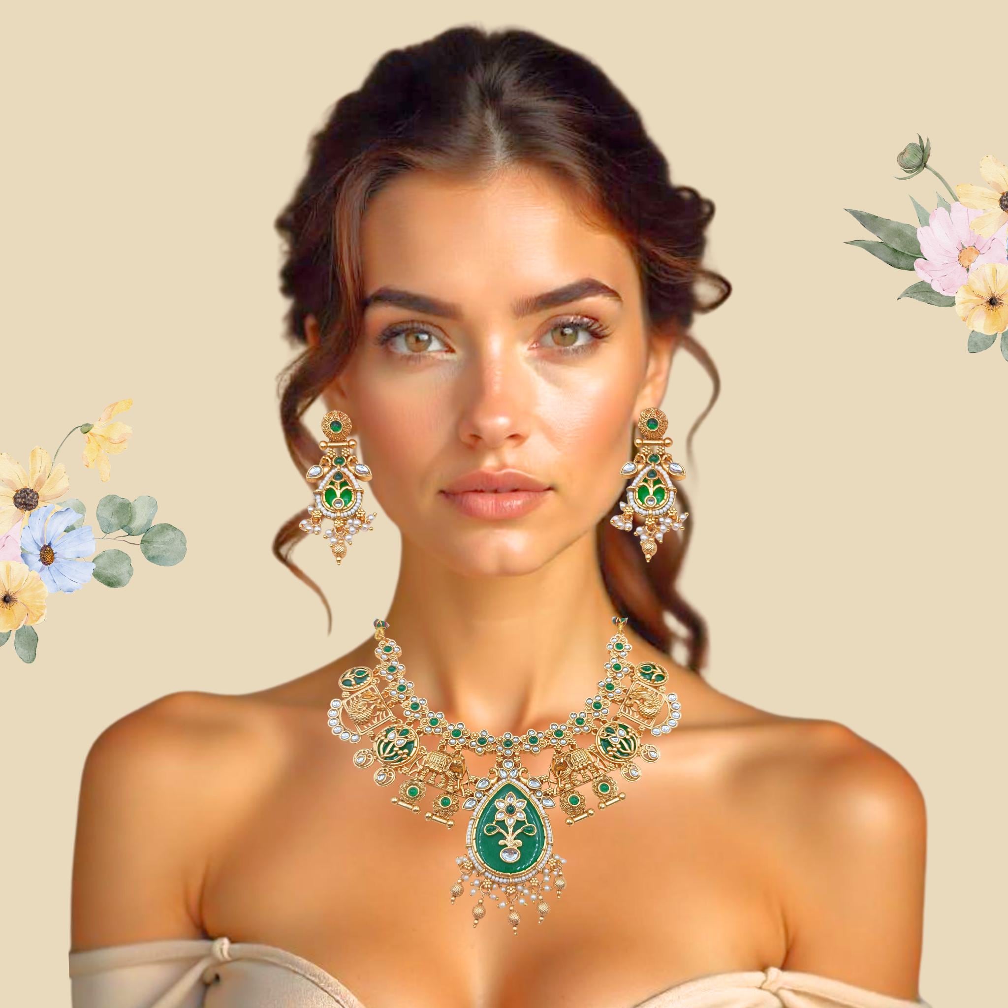 Tanisha Meenakari Necklace | Antique Gold Choker & Earrings