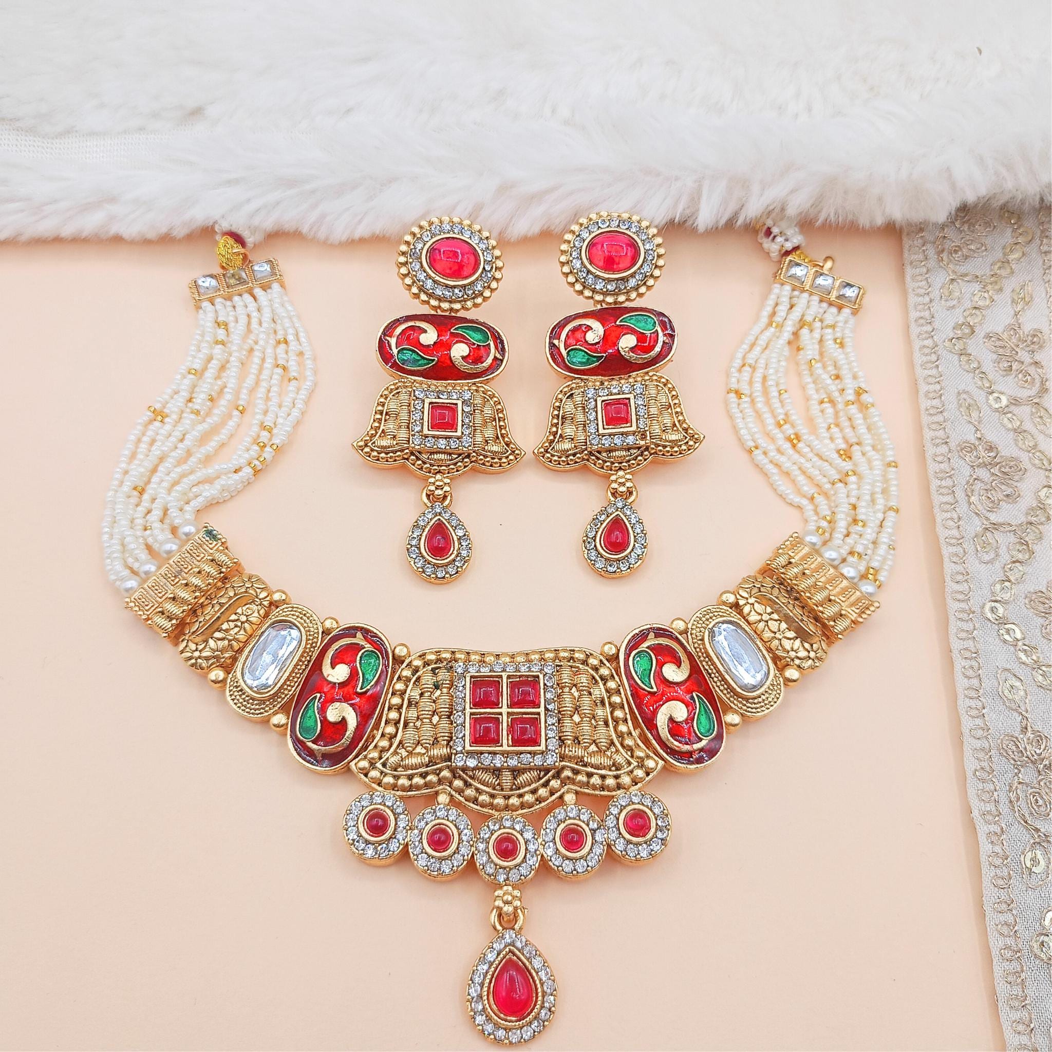 Manju Meenakari Rajwadi Choker Set  Pearl String Temple Necklace, Bridal Indian Jewellery Set