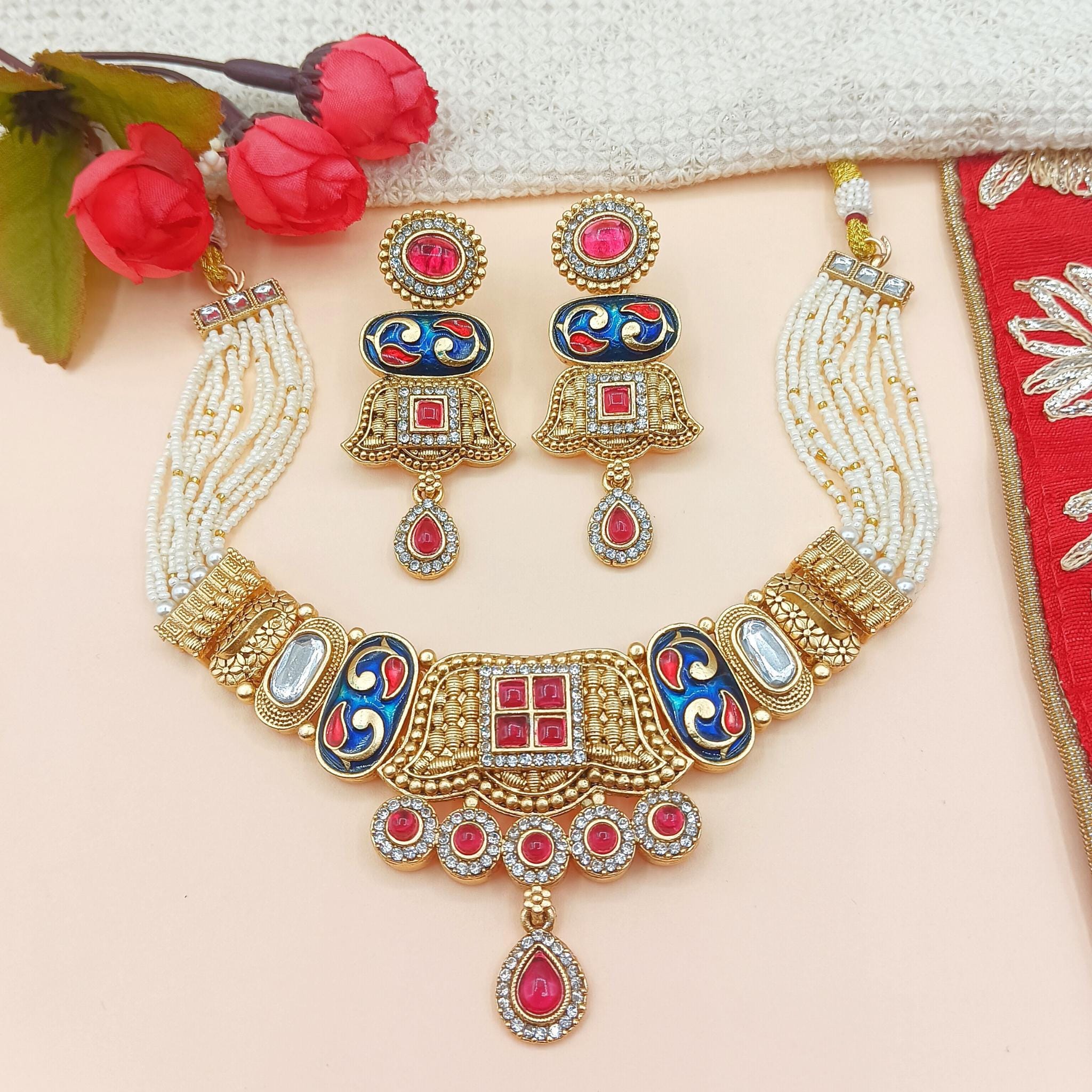 Manju Meenakari Rajwadi Choker Set  Pearl String Temple Necklace, Bridal Indian Jewellery Set