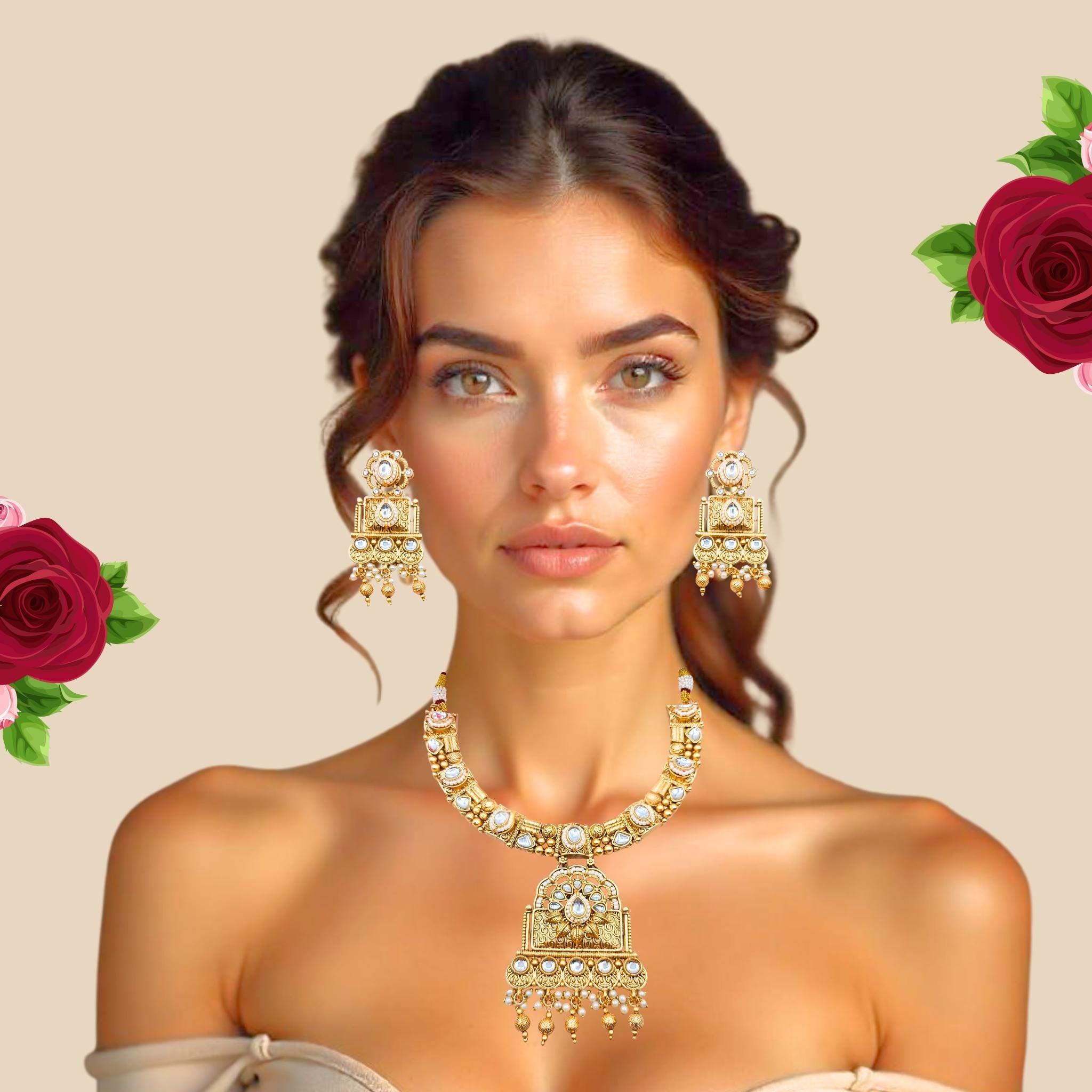 Gold-Plated Temple Necklace | Polki & Pearl Drop Design