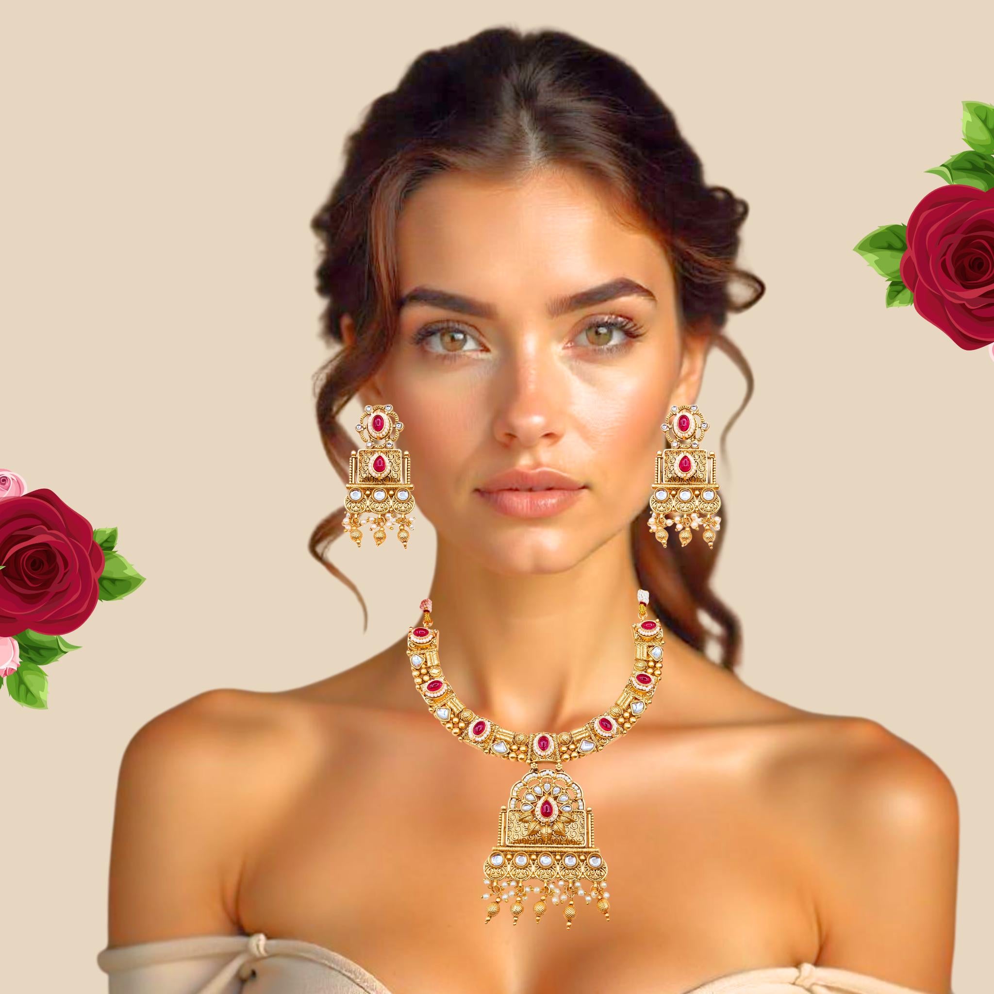 Gold Plated Temple Jewelry Necklace Set: Agni Red, Polki Stones