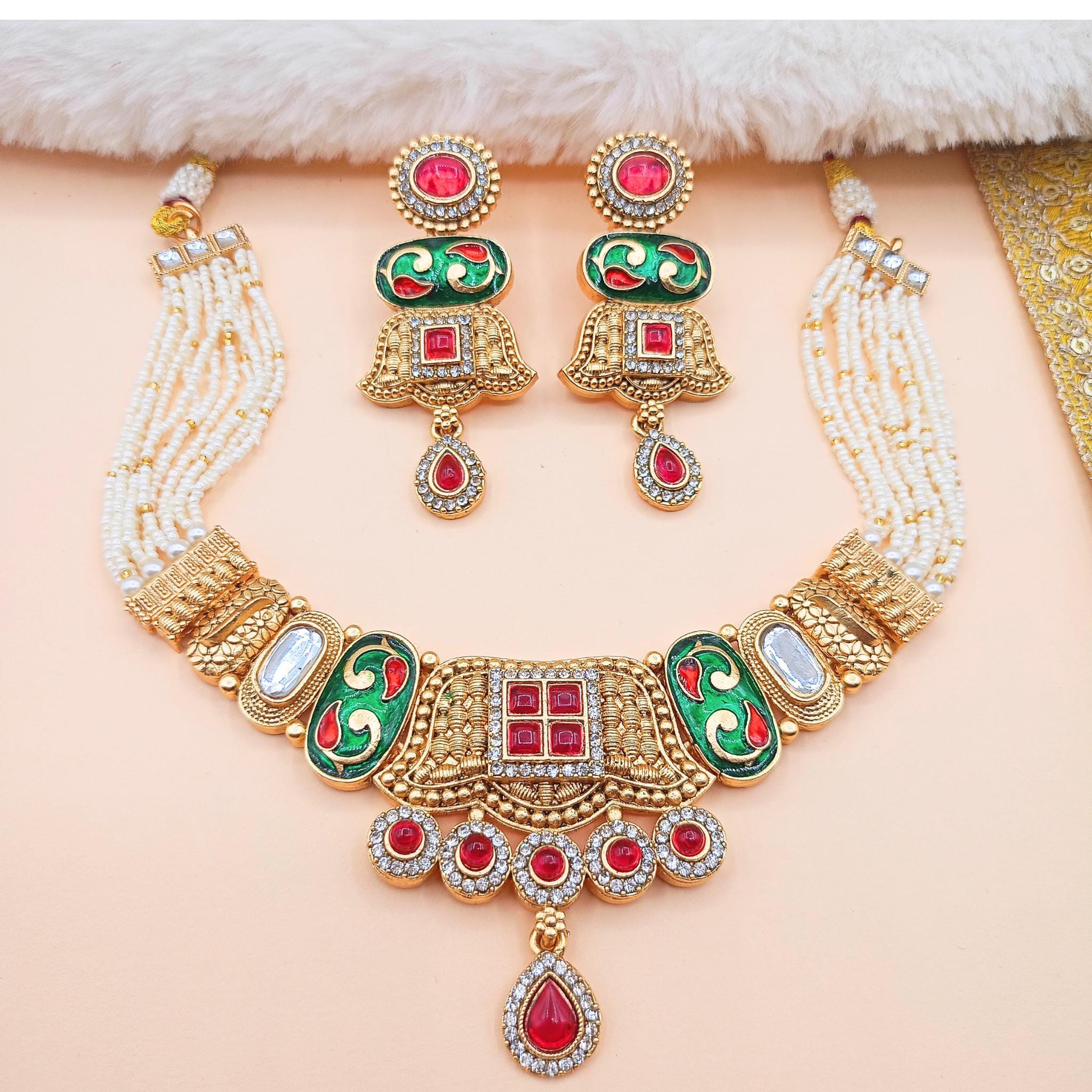 Manju Meenakari Rajwadi Choker Set  Pearl String Temple Necklace, Bridal Indian Jewellery Set