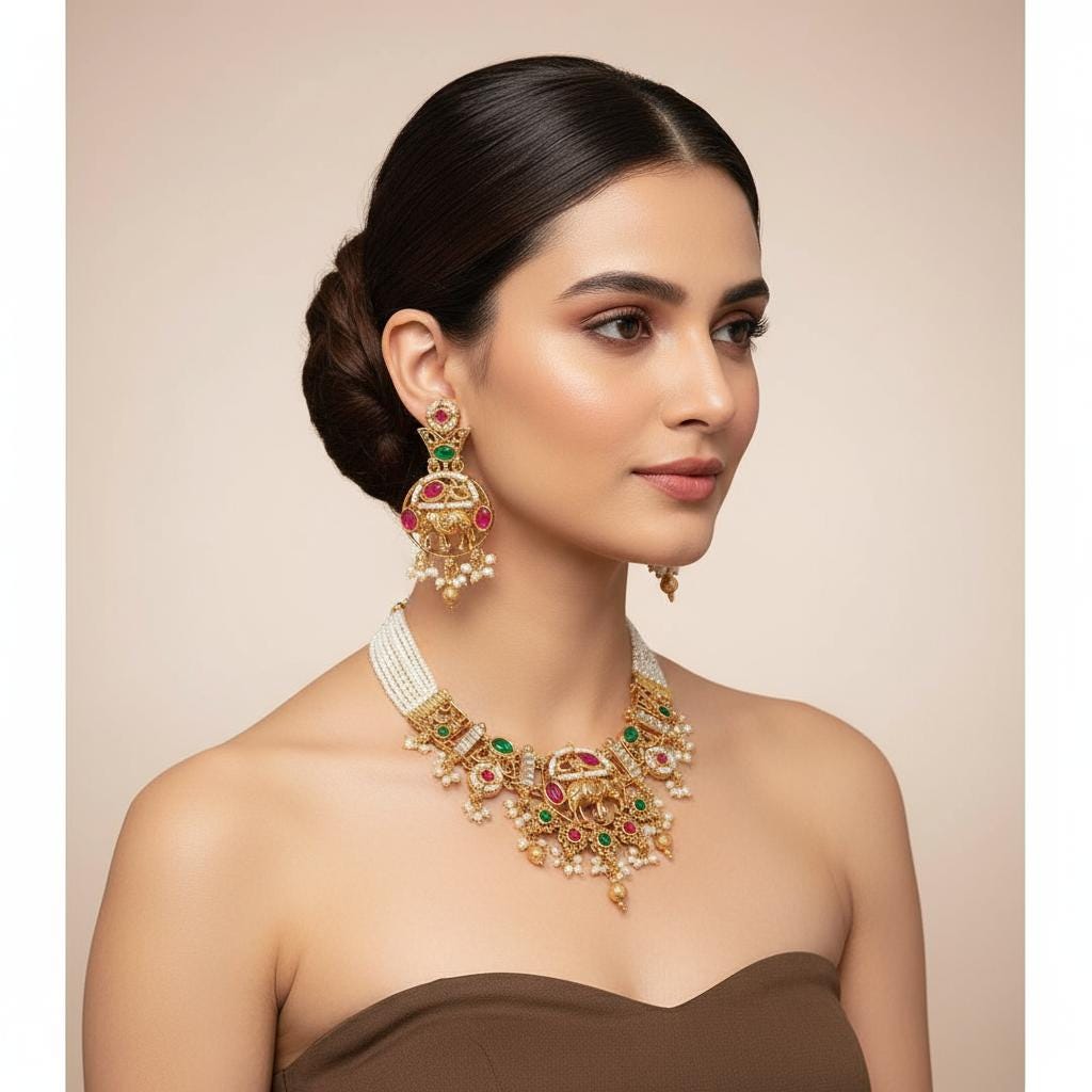 Royal Ethnic Necklace Set Set - Meenakari Multi Copper Indian Sangeet Jewelry - Handcrafted Ethnic Wear