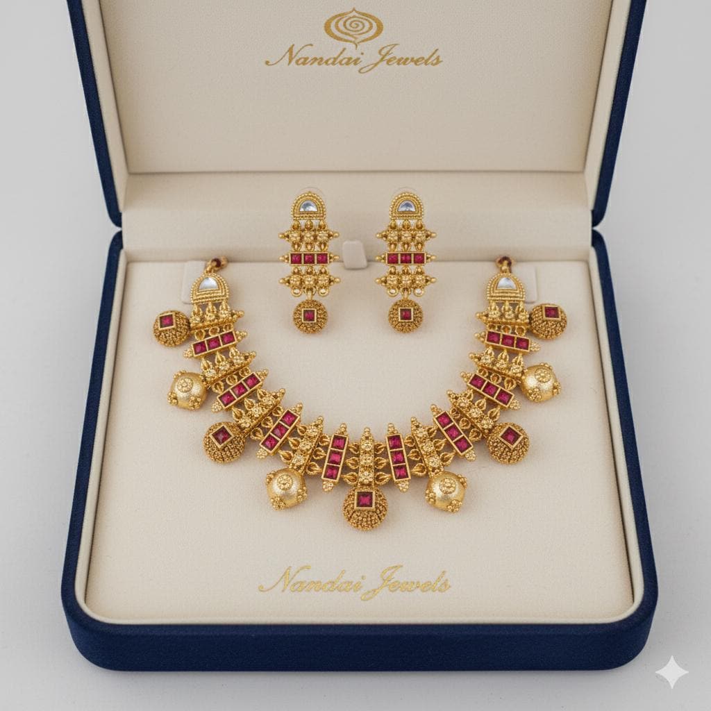 Sita-Royal Rajwadi Necklace Set- Red Alloy Indian Wedding Jewelry- Handcrafted Ethnic Wear
