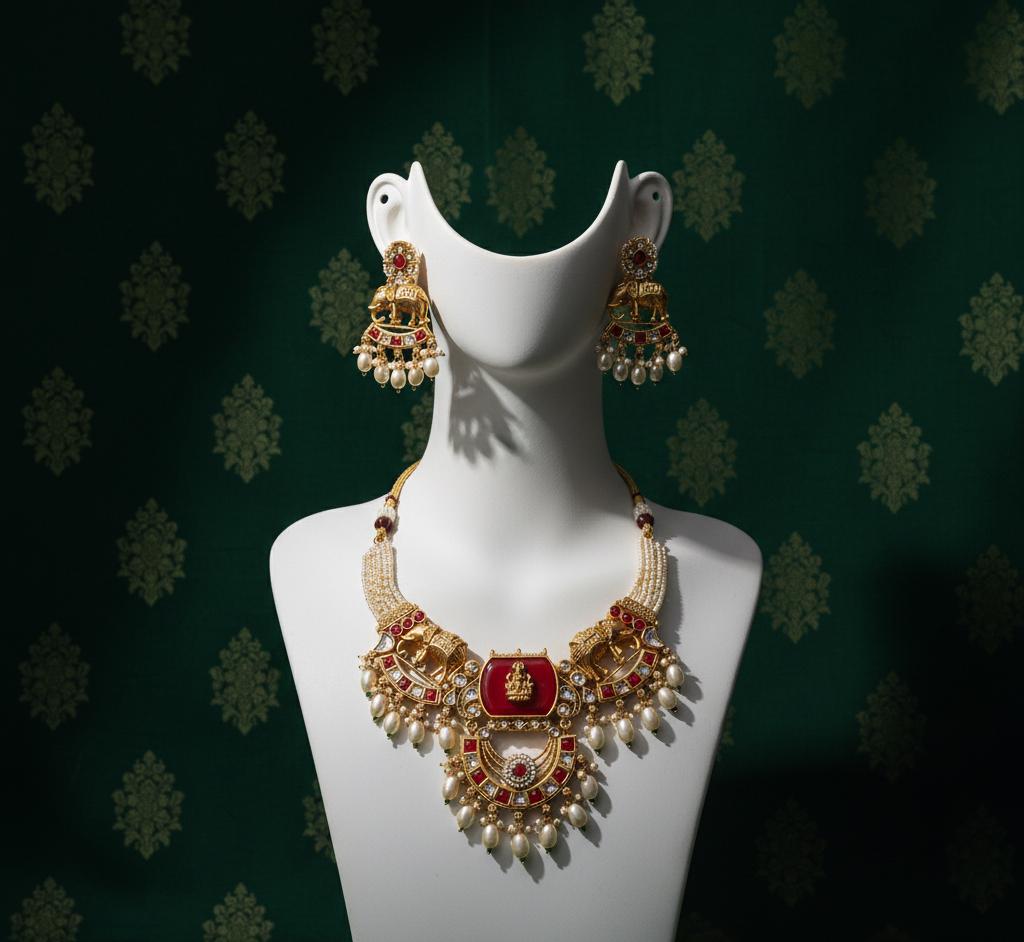 Bihari Heritage-Regal Elephant & Emerald Kundan Necklace Set