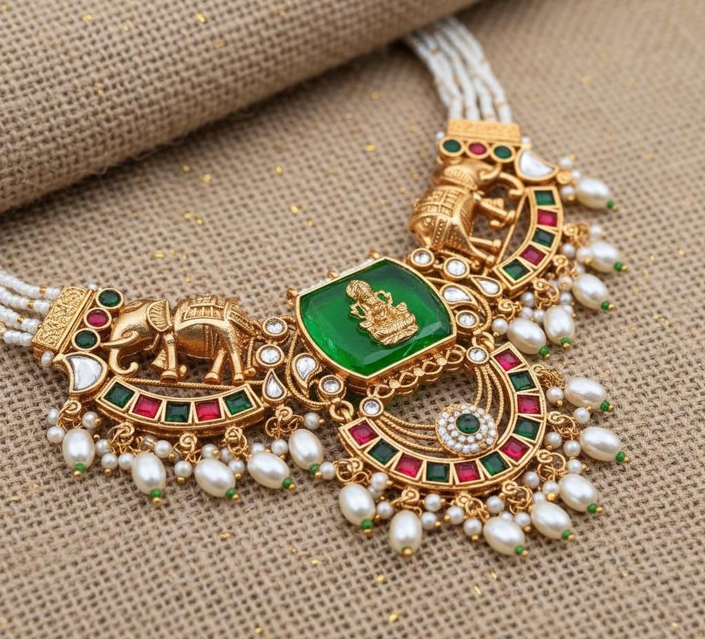Bihari Heritage-Regal Elephant & Emerald Kundan Necklace Set