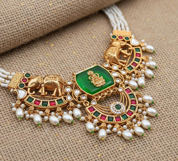 Bihari Heritage-Regal Elephant & Emerald Kundan Necklace Set