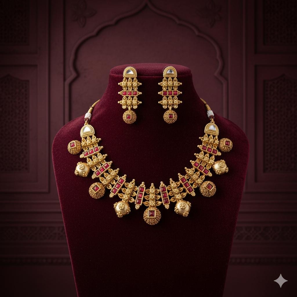 Sita-Royal Rajwadi Necklace Set- Red Alloy Indian Wedding Jewelry- Handcrafted Ethnic Wear